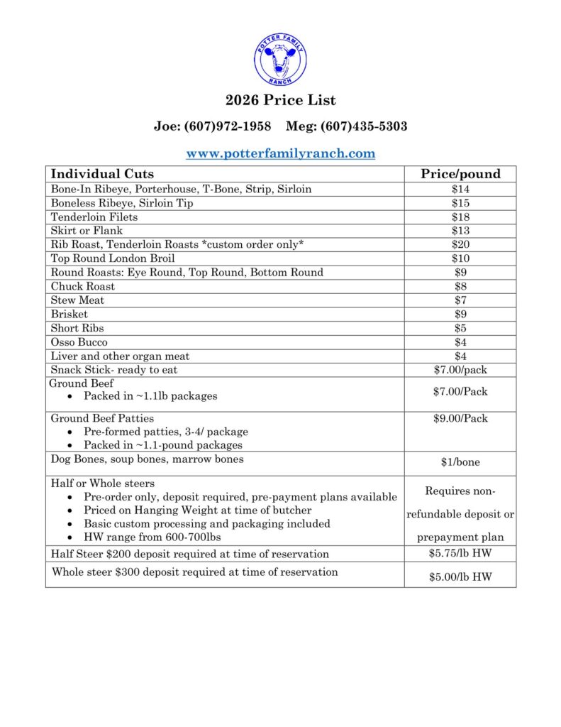 Price list for beef 2026