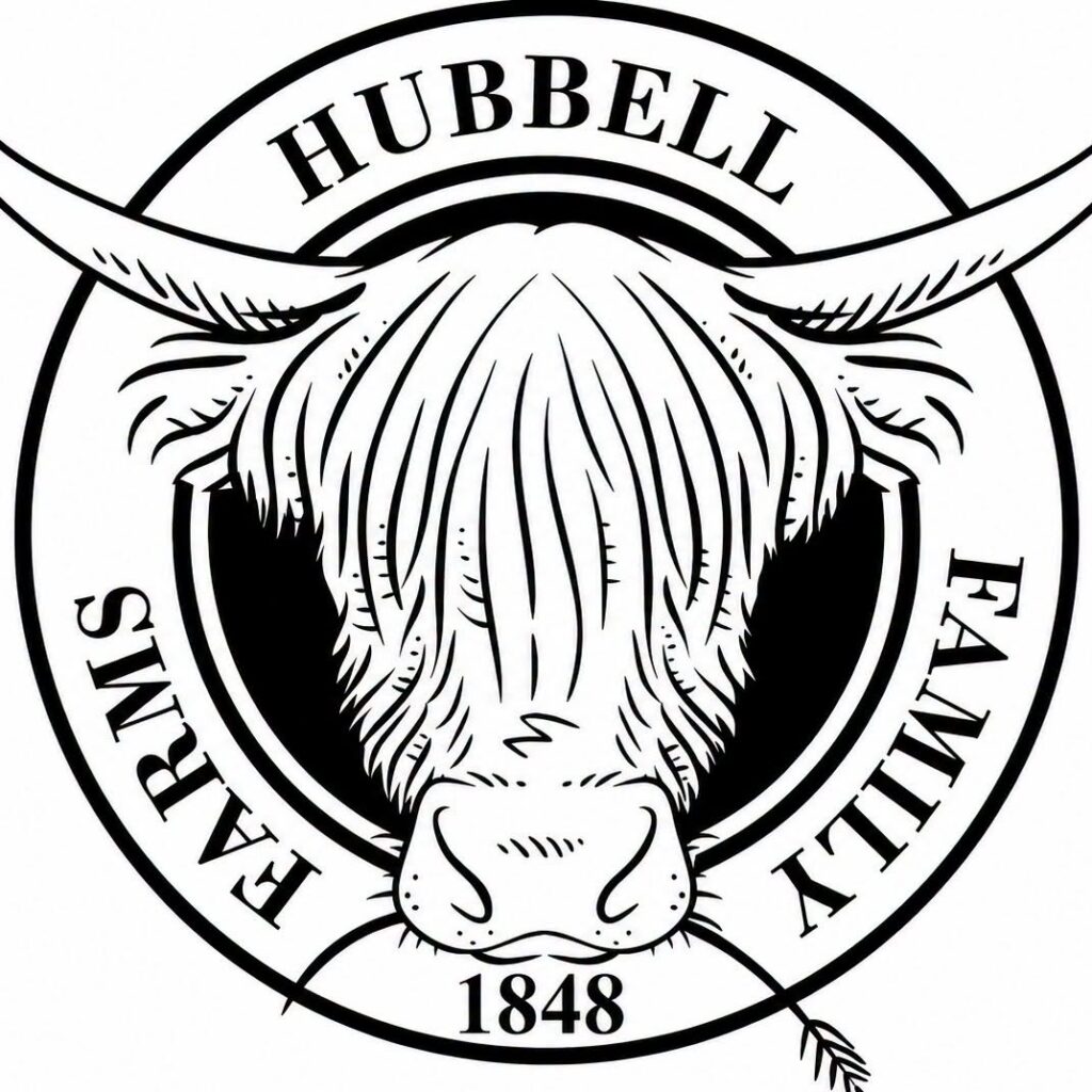 Logo with a highland beef cow with long horns, eating a piece of hay, with title Hubbell Family Farms.